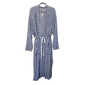 Free People Blue Striped Viscose Turkish Kimono Long Cardigan Robe NWT, Sz Large